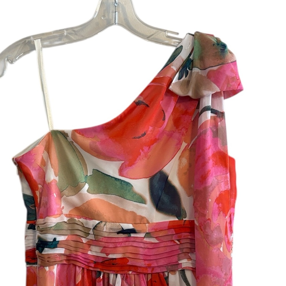 Eliza J Vibrant Multicolor Floral Print Lined Sz 10 One Shoulder Bow Detail - Picture 8 of 13